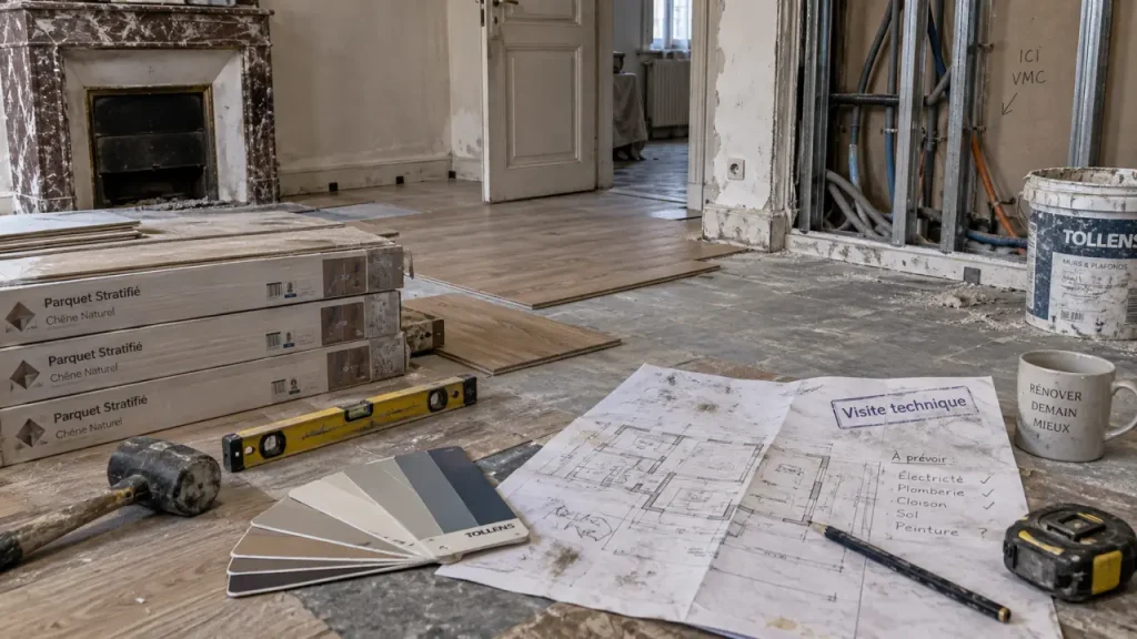 Rénovation intérieur maison Dole : sol en pose, niveau à bulle, visite technique