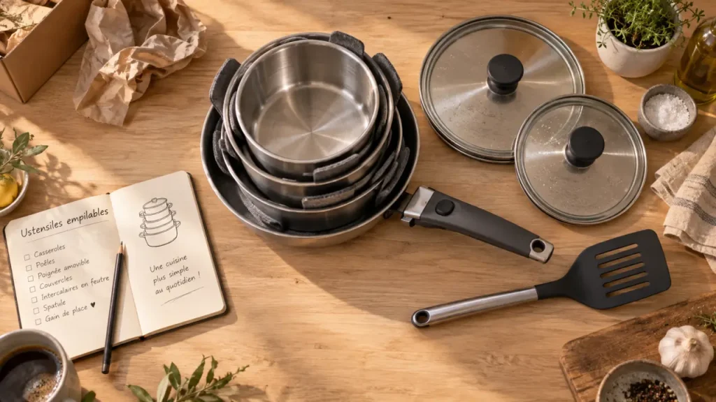 Ustensiles de cuisine empilables : rangement compact