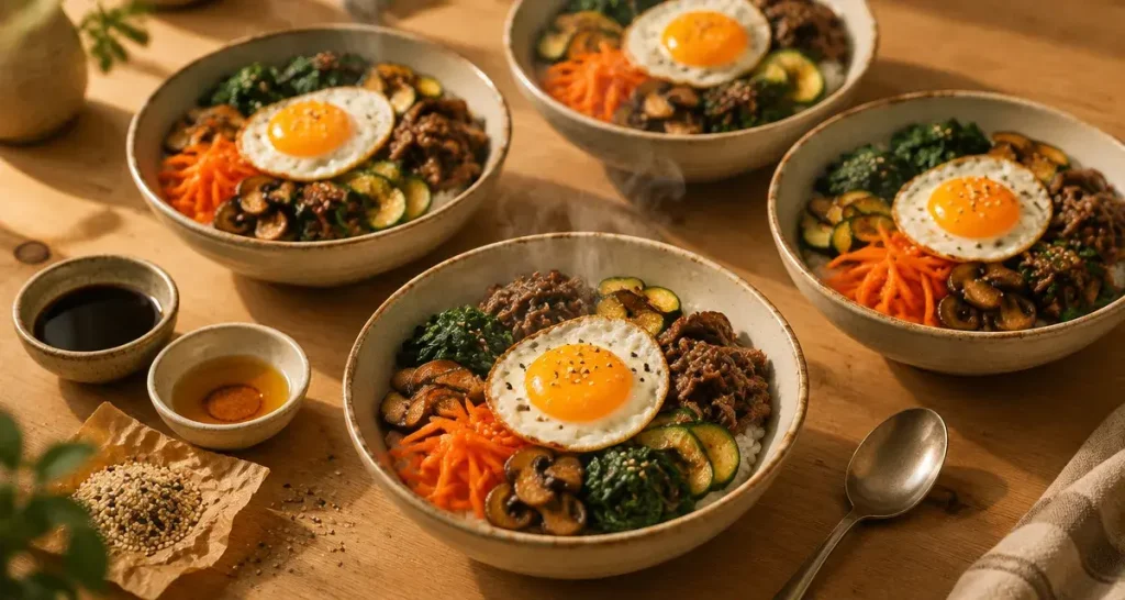 Voyage en cuisine recettes : bibimbap simplifié, bols de riz, légumes et bœuf